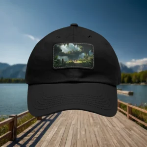 Black dad hat with rectangular sunlit forest patch design