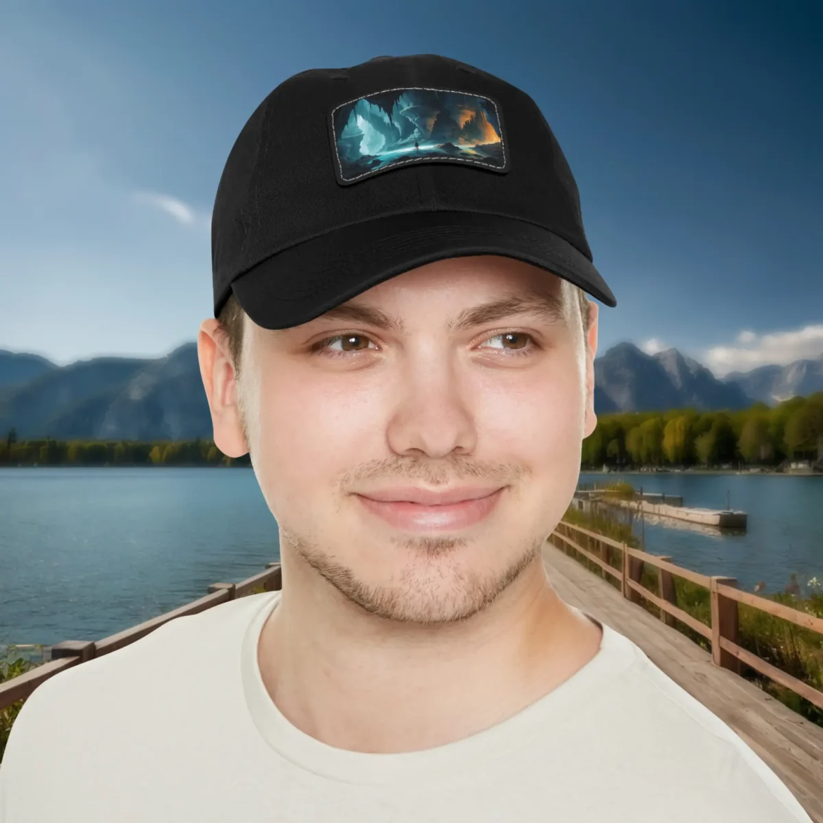 Man wearing black dad hat with rectangular surreal landscape patch design