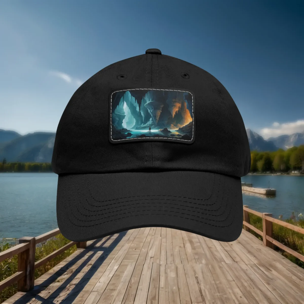 Black dad hat with rectangular surreal landscape patch design