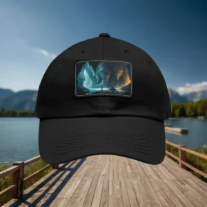 Black dad hat with rectangular surreal landscape patch design