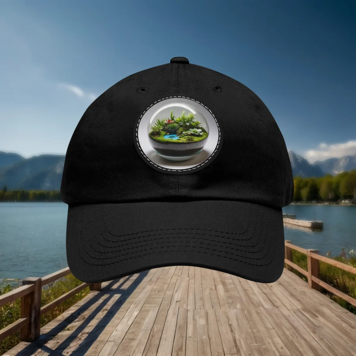 Black dad hat with terrarium patch displayed front-facing.