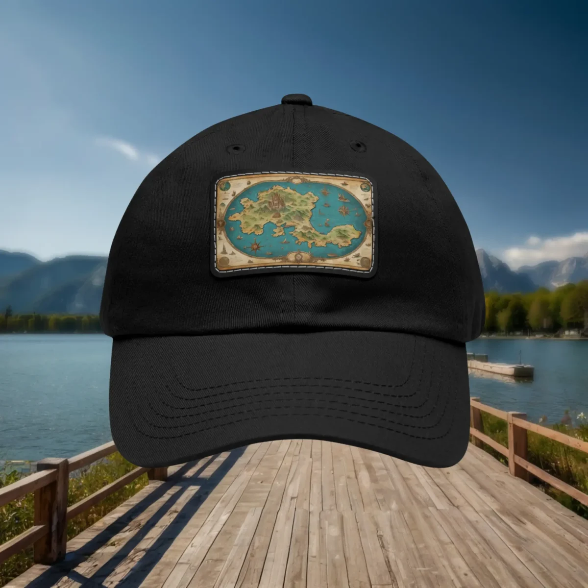 Black dad hat with rectangular treasure map patch design