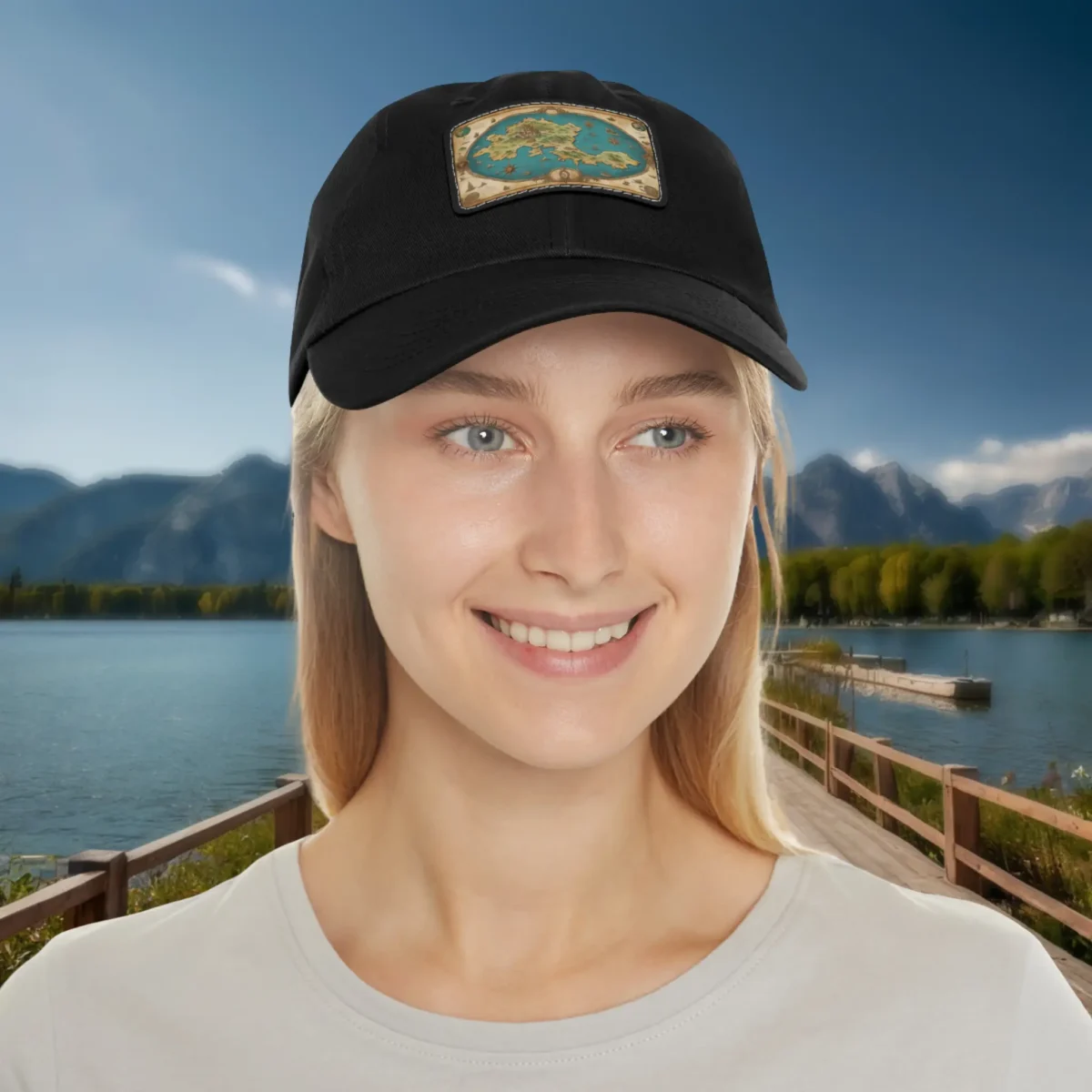 Woman wearing black dad hat with rectangular treasure map patch design