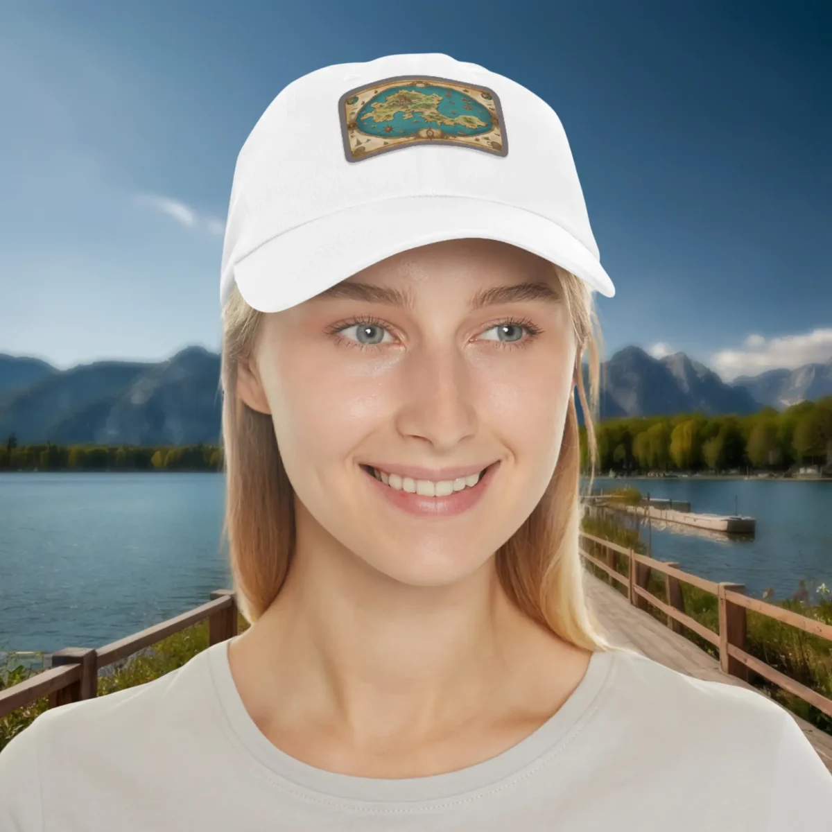 Woman wearing white dad hat with rectangular treasure map patch design