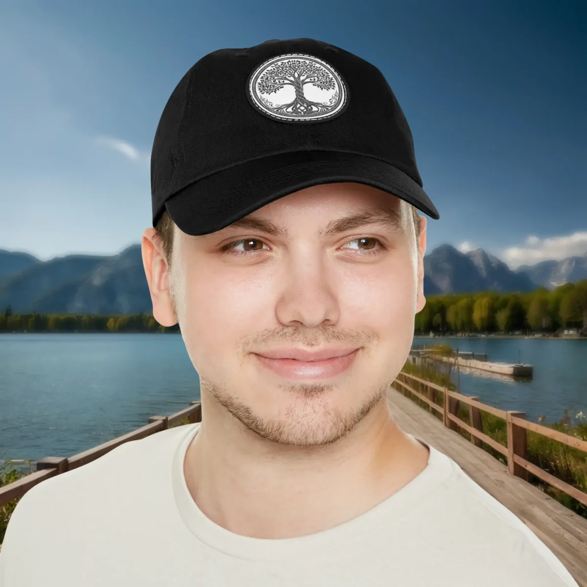 Black dad hat with Tree of Life design worn by smiling man.