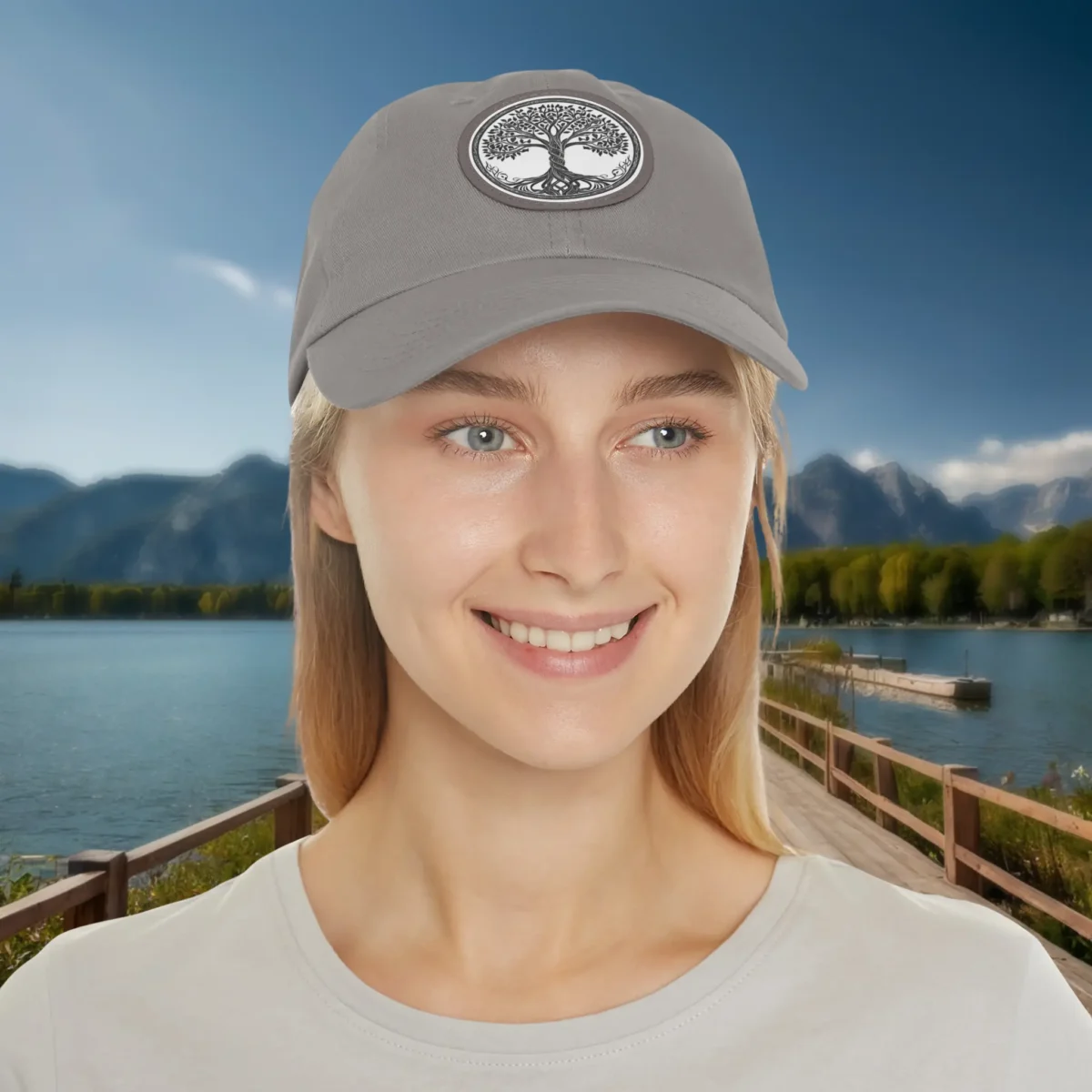 Grey dad hat with Tree of Life design worn by smiling woman.