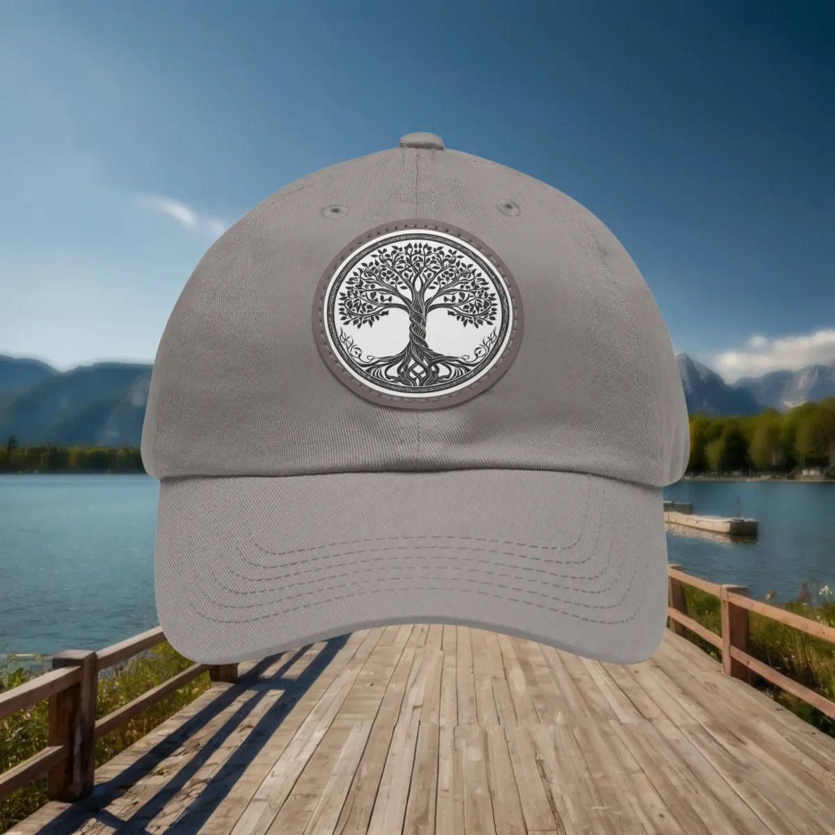 Grey dad hat with Tree of Life patch displayed front-facing.
