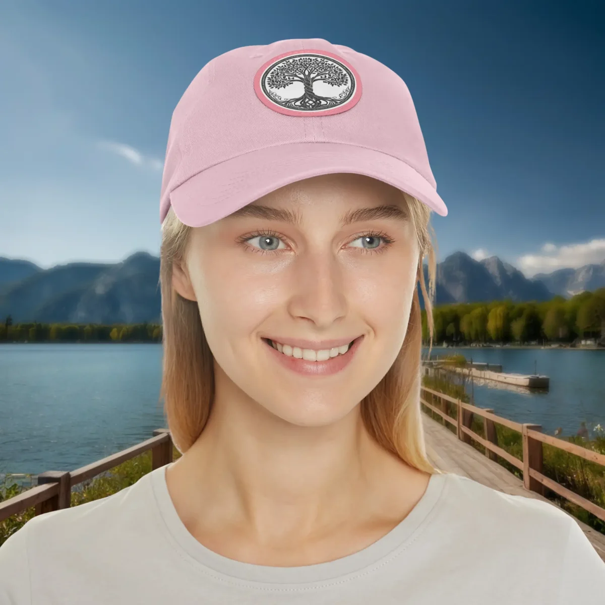 Pink dad hat with Tree of Life design worn by smiling woman.