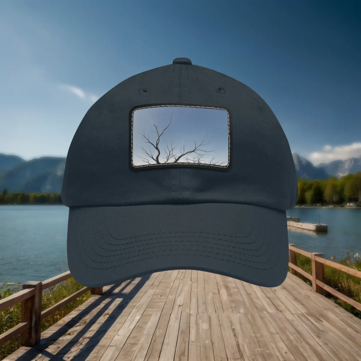 Navy dad hat with rectangular tree silhouette patch design