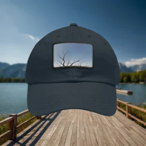 Navy dad hat with rectangular tree silhouette patch design