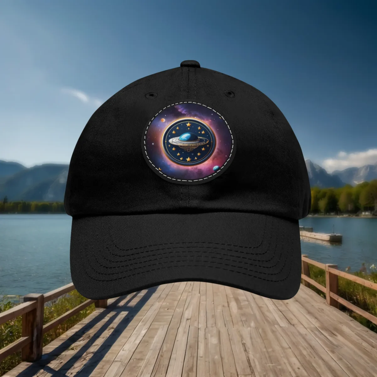 Black dad hat with colorful UFO and galaxy patch displayed front-facing.