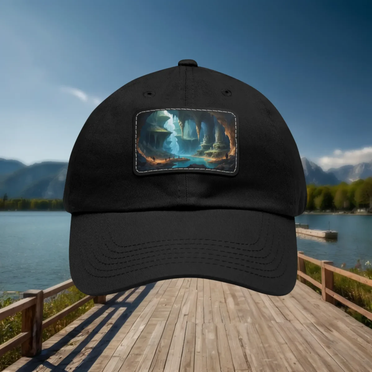 Black dad hat with rectangular underground lake patch design