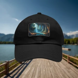 Black dad hat with rectangular underground lake patch design