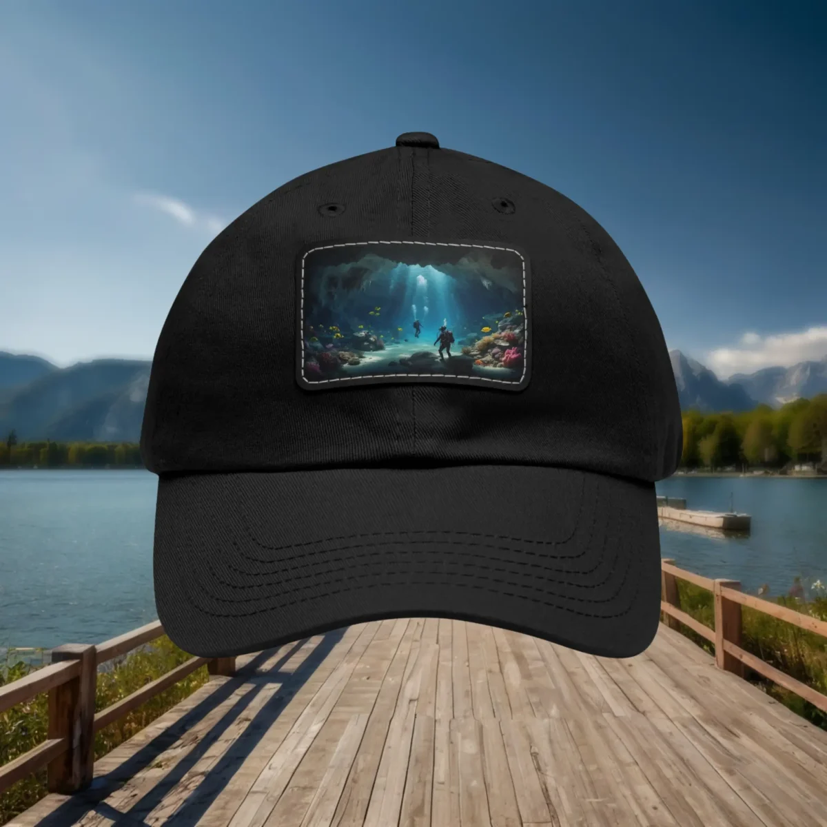 Black dad hat with rectangular underwater scene patch design