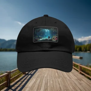 Black dad hat with rectangular underwater scene patch design