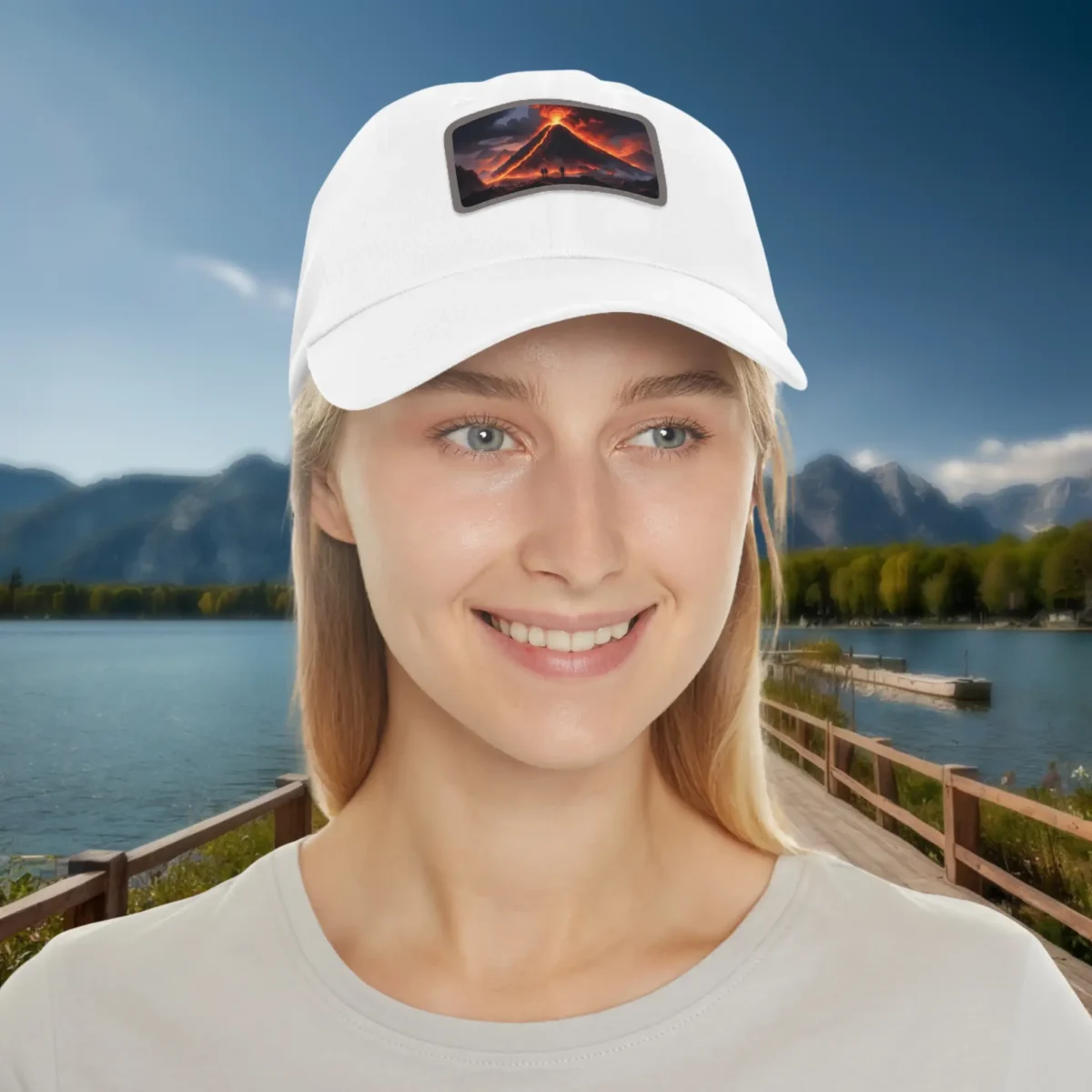 White dad hat with printed volcano patch worn by a woman.
