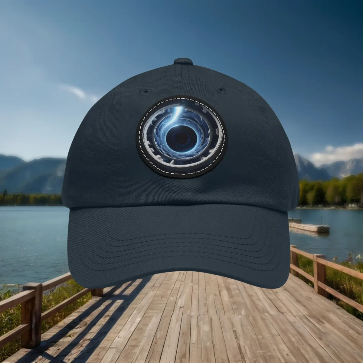Navy blue dad hat with vortex design – product view
