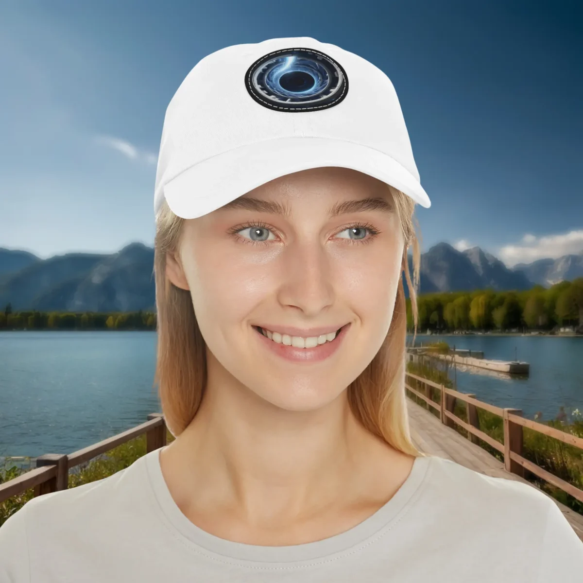 White dad hat with vortex design worn by female model