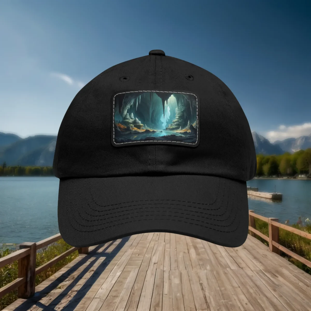 Black dad hat featuring a rectangular patch design with a scenic cave and waterfall illustration.