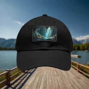 Black dad hat featuring a rectangular patch design with a scenic cave and waterfall illustration.