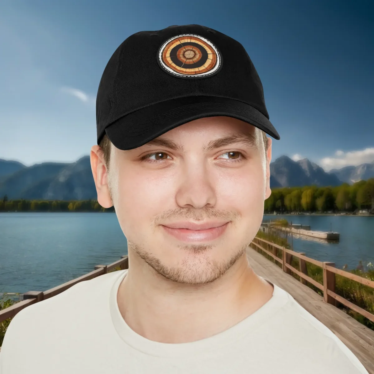Black dad hat with wood ring design worn by male model