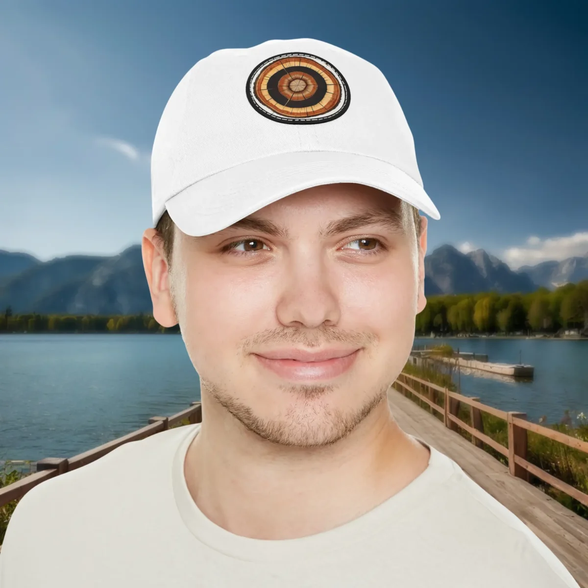 White dad hat with wood ring design worn by male model
