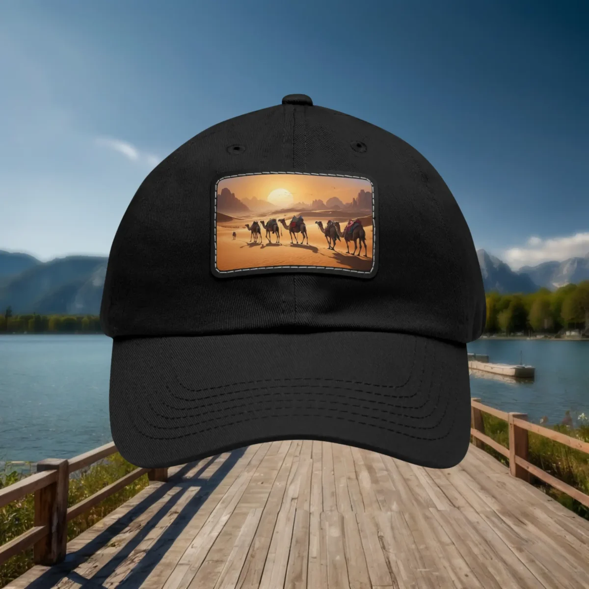 Black baseball cap with desert camel caravan design patch on front