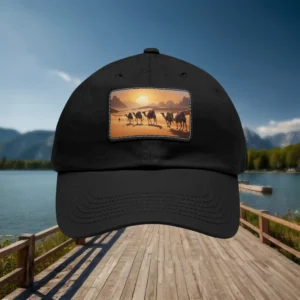 Black baseball cap with desert camel caravan design patch on front