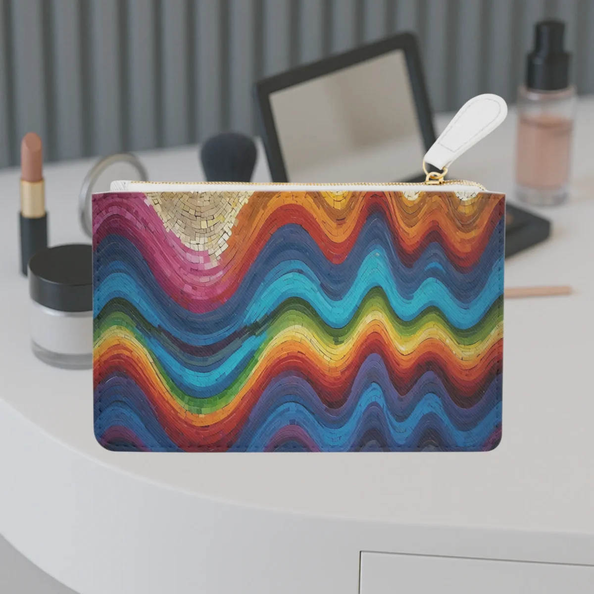 Front view of the Soundwave Mosaic mini clutch bag featuring vibrant wavy rainbow patterns with a mosaic effect.
