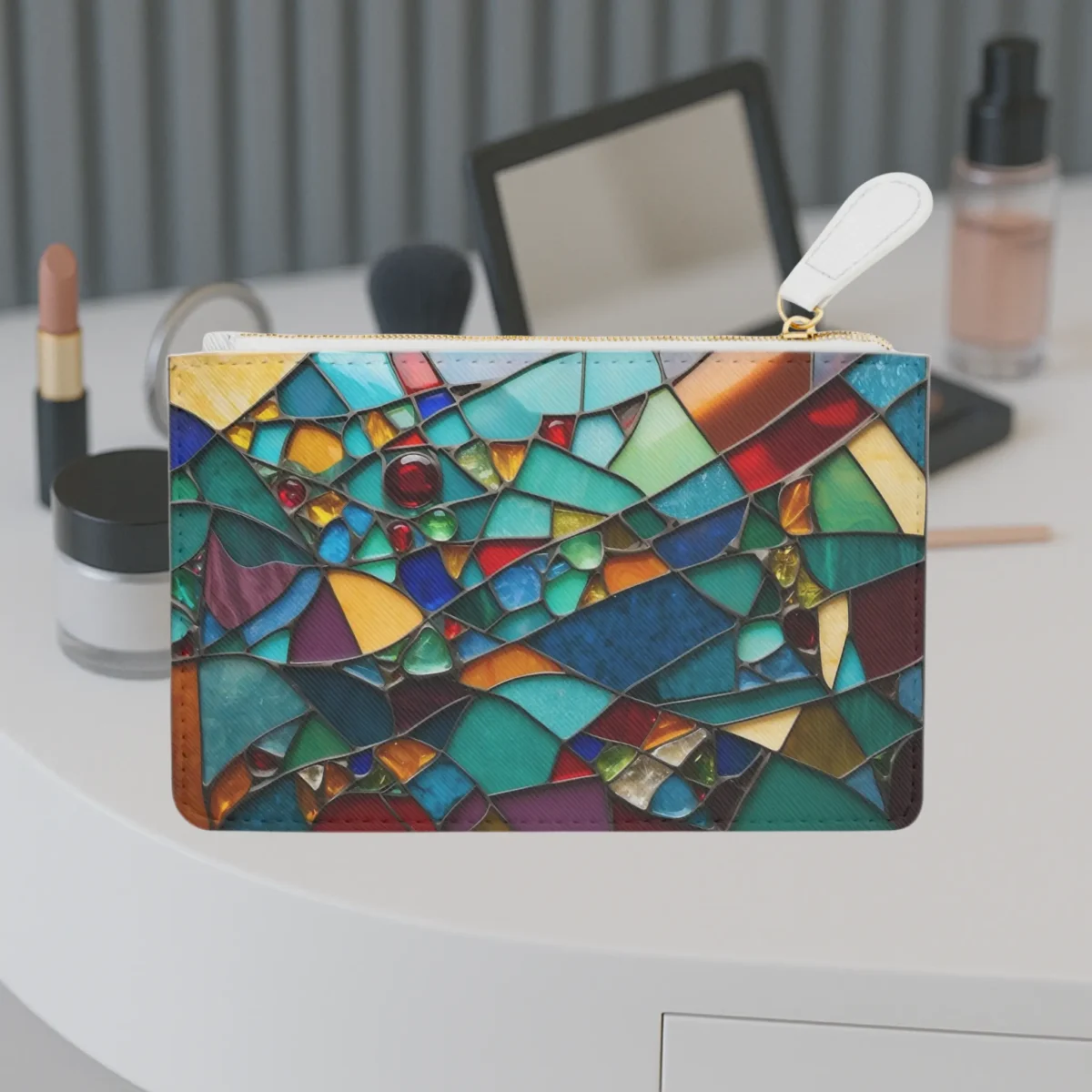 Front view of the Stained Glass mini clutch bag featuring a colorful mosaic design inspired by stained glass art.