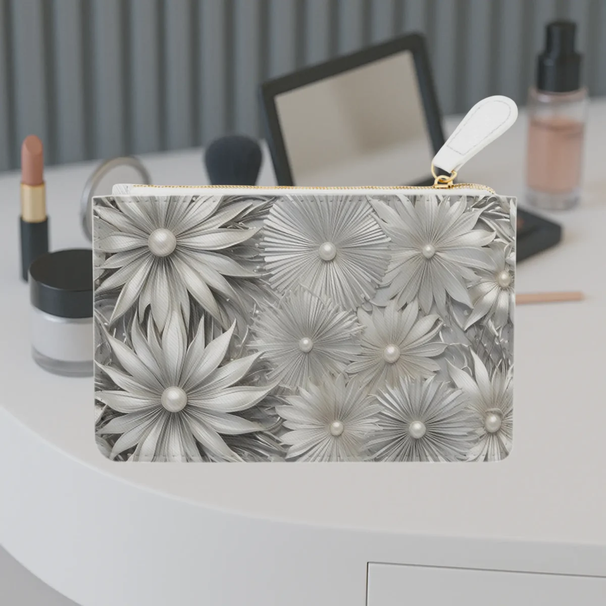 Front view of the Sunburst mini clutch bag featuring an elegant silver floral design with pearl accents.