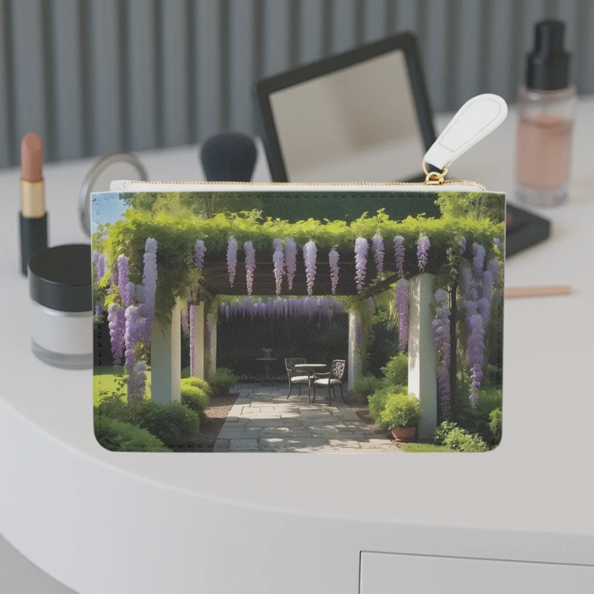 Front view of the Wisteria Vines mini clutch bag featuring a peaceful garden pergola draped with cascading purple wisteria flowers.