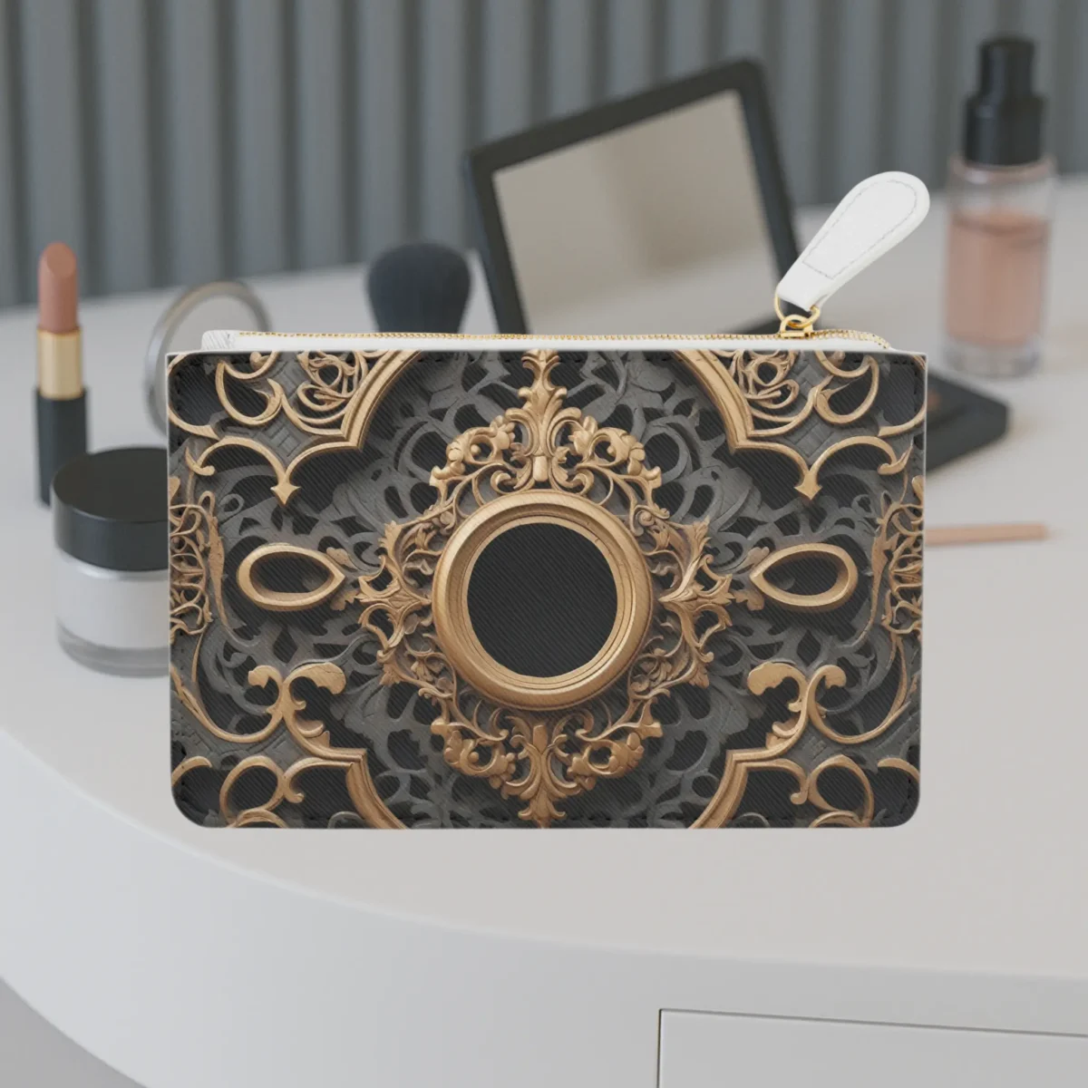 Mini clutch bag with ornate baroque keyhole design in black and gold tones