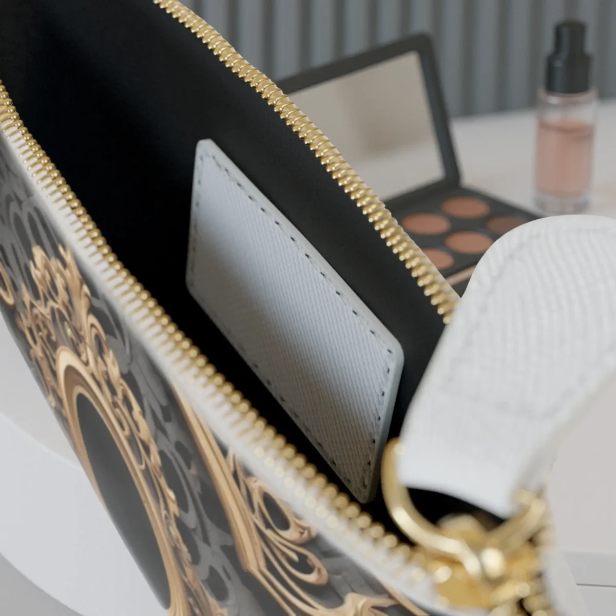 Interior view of mini clutch bag with ornate exterior design and card pocket