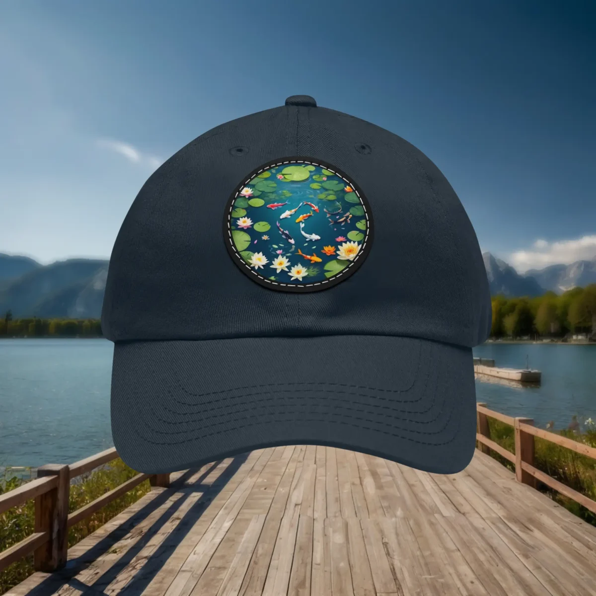 Navy blue dad hat featuring a colorful koi pond patch.
