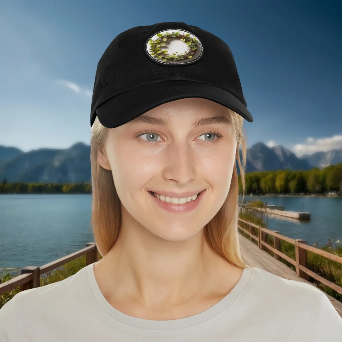 Woman wearing a black dad hat with a leafy wreath patch design.
