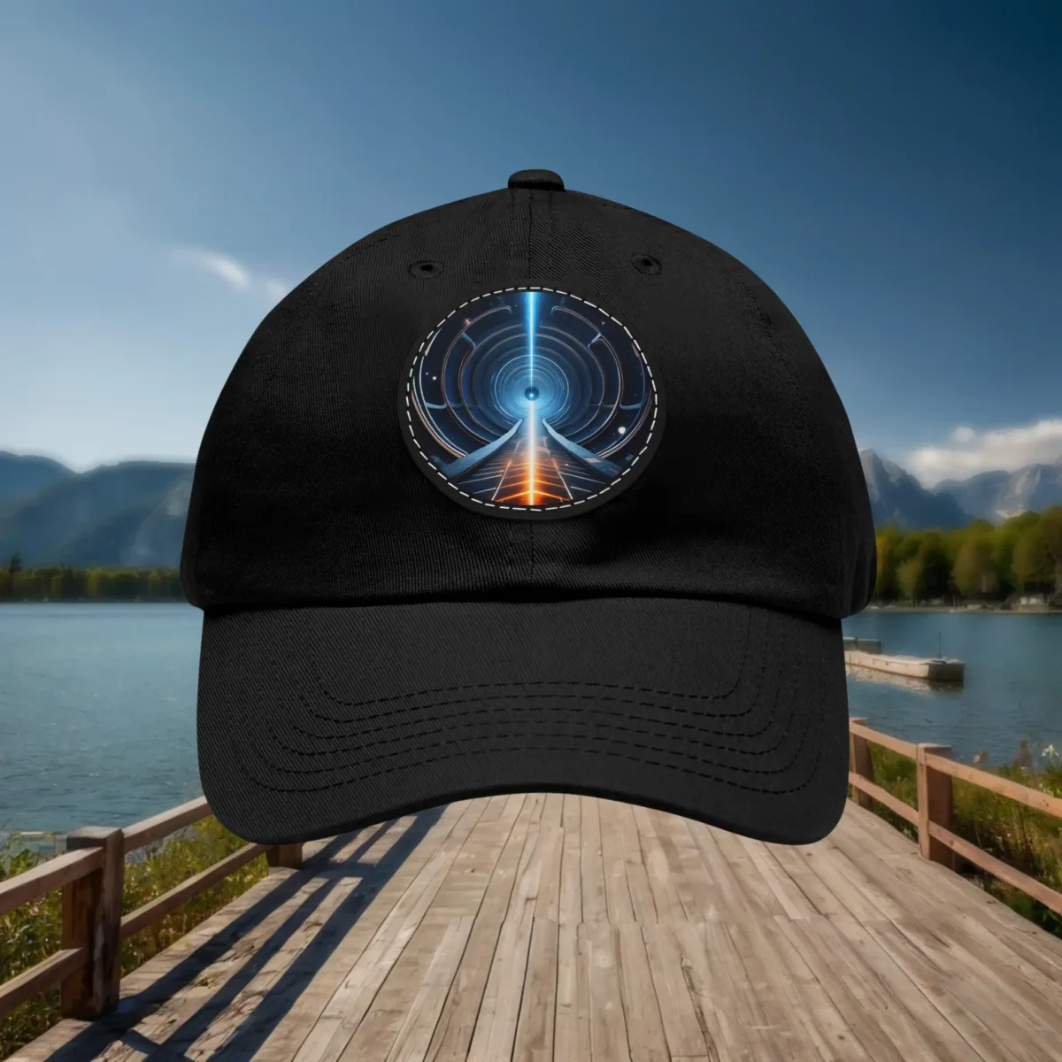 Black dad hat with a futuristic light beam patch design.