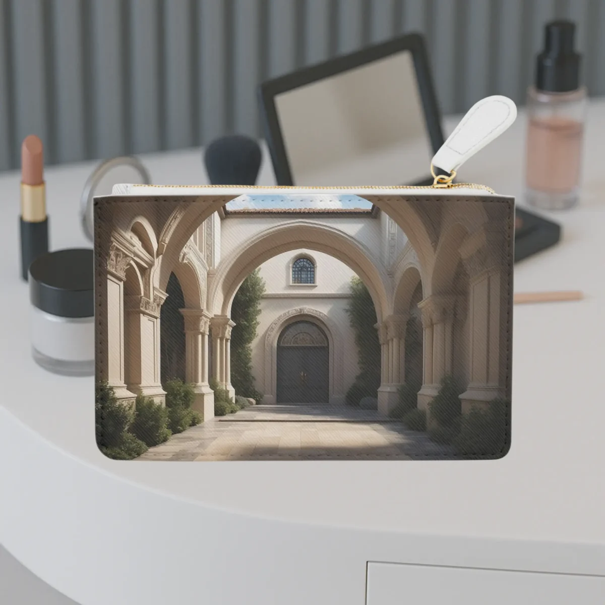 Mini clutch bag with 1920s architectural courtyard printed on exterior