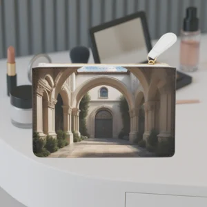 Mini clutch bag with 1920s architectural courtyard printed on exterior