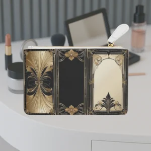 Front view of a mini clutch bag with gold and black Art Deco border design on a vanity table