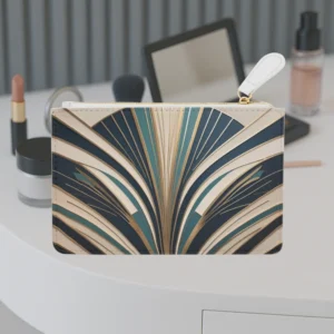 Front view of an Art Deco mini clutch bag on a vanity table with makeup items