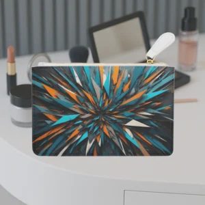 Front view of a mini clutch bag with vibrant asymmetrical shard pattern in orange, teal, and black