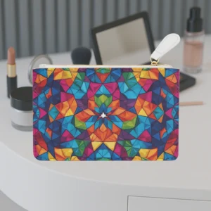 Front view of mini clutch bag with bold and colorful geometric tessellation pattern.