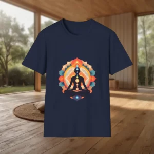 T-shirt with a silhouette of a meditating figure featuring chakra symbols and a vibrant mandala background in a peaceful room.