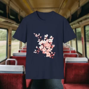 T-shirt with a cherry blossom design displayed inside a bus with red seats and windows showing greenery outside.