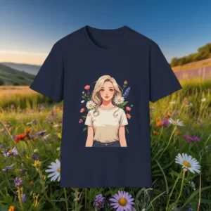 A t-shirt featuring an illustration of a blonde-haired woman surrounded by colorful flowers, displayed against a scenic flower-filled meadow.