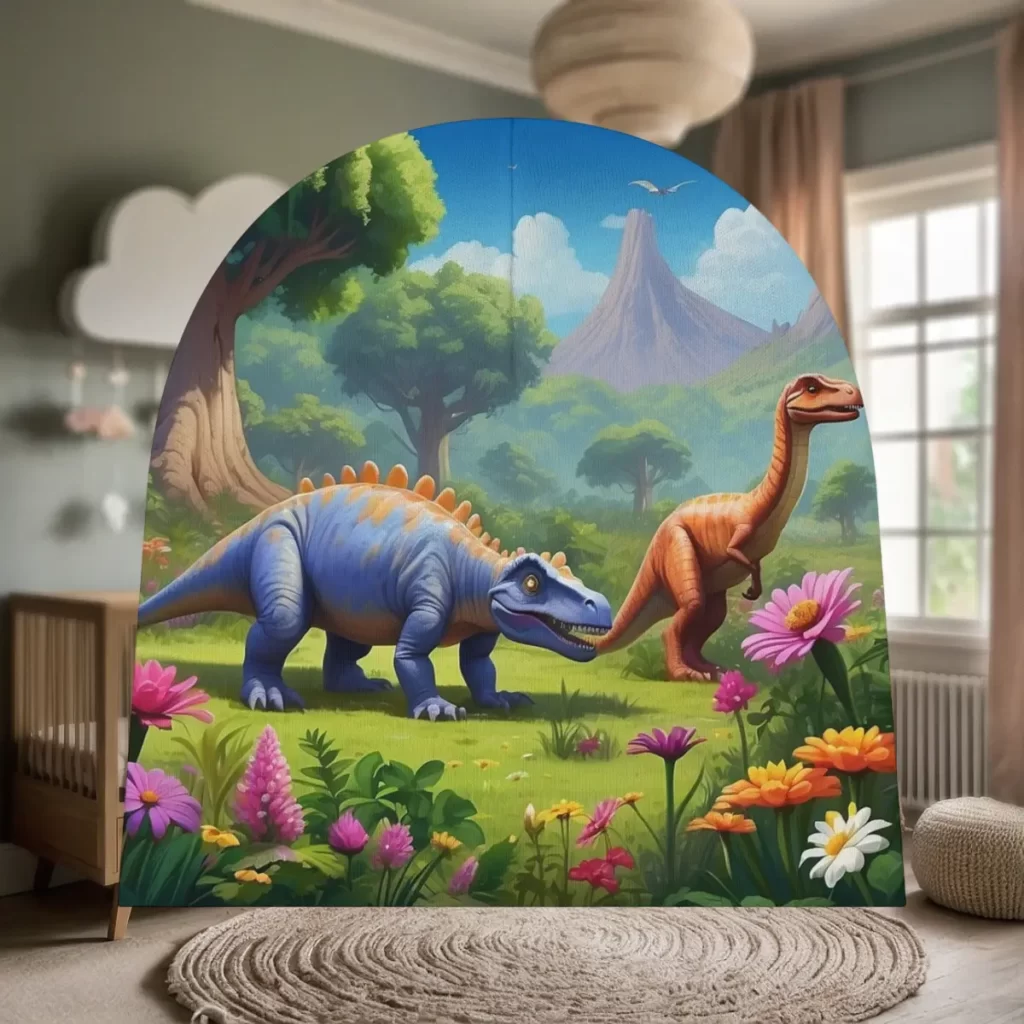 Colorful dinosaur-themed wall decor in a baby room featuring two cartoon dinosaurs in a lush prehistoric landscape with flowers and trees.