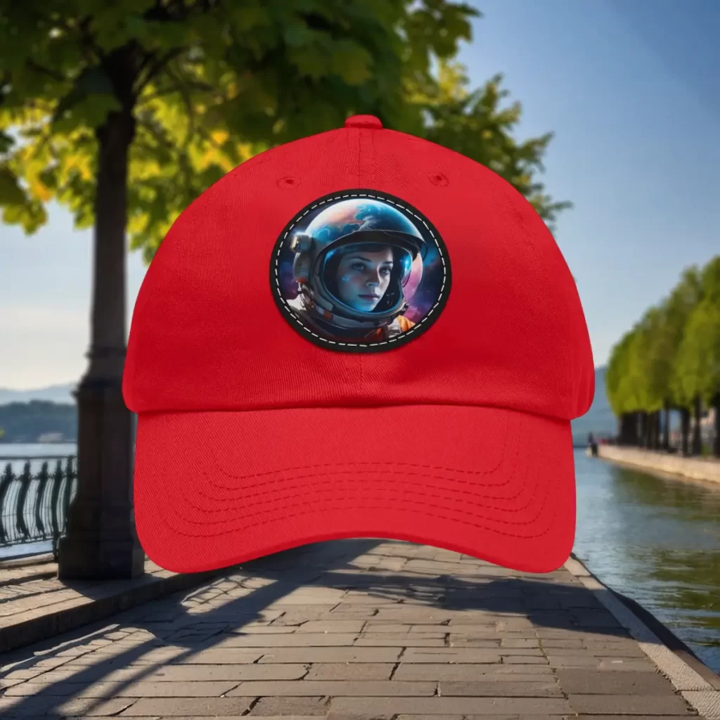 Red dad hat featuring a patch with a detailed illustration of an astronaut in a helmet against a cosmic background.