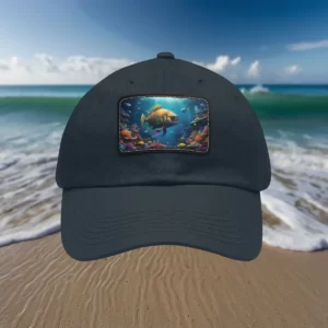 Navy dad hat featuring a vibrant underwater scene patch with tropical fish and coral, set against a beach backdrop.