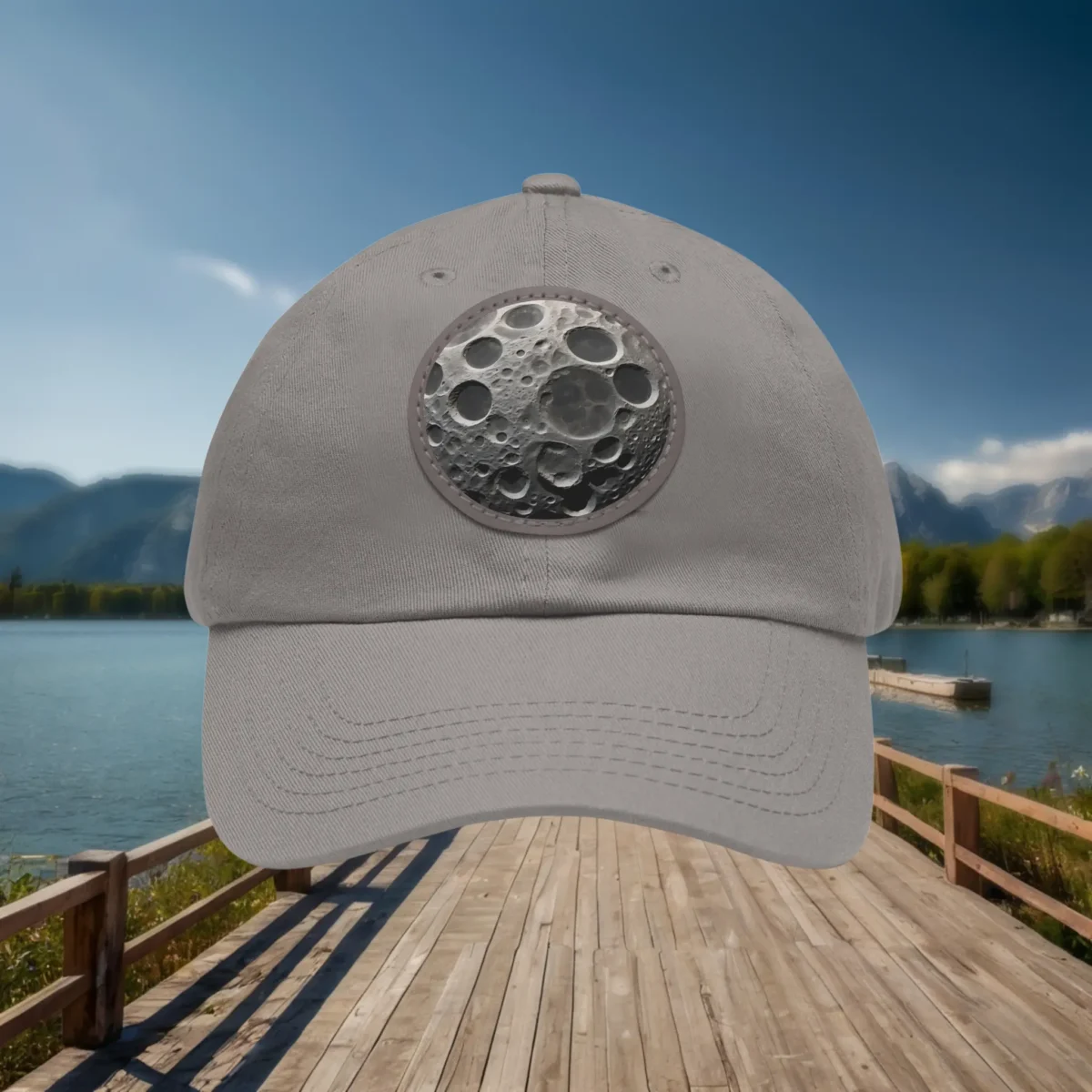 Gray dad hat with a moon surface patch design.